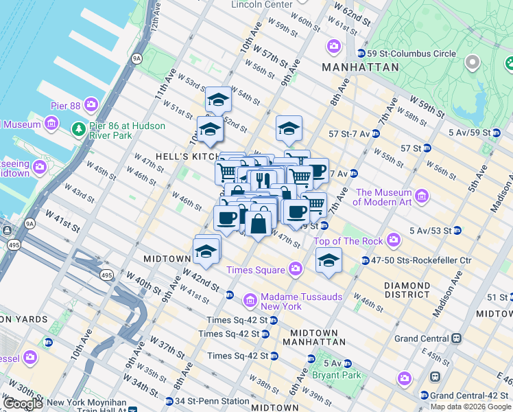 map of restaurants, bars, coffee shops, grocery stores, and more near West 48th Street in New York