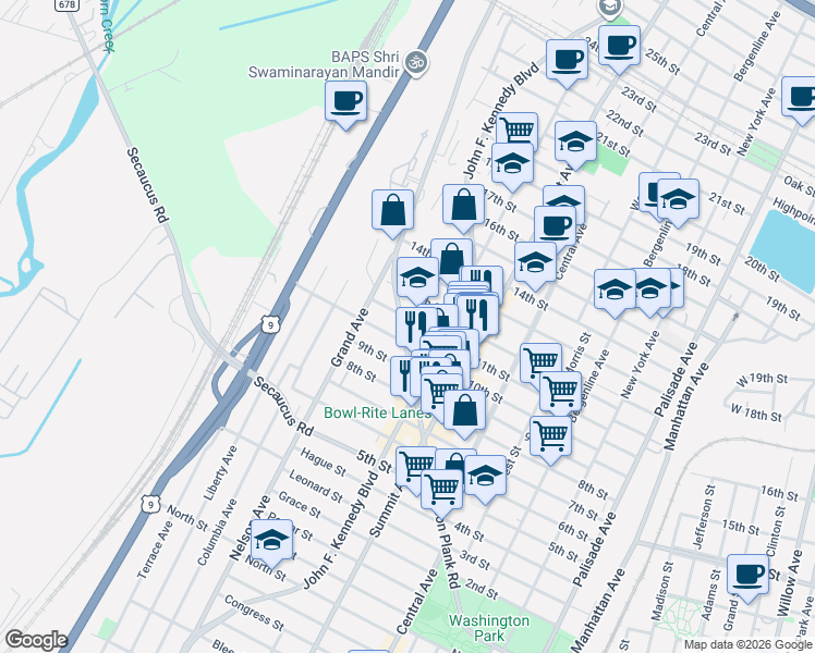 map of restaurants, bars, coffee shops, grocery stores, and more near 1012 Paterson Plank Road in North Bergen