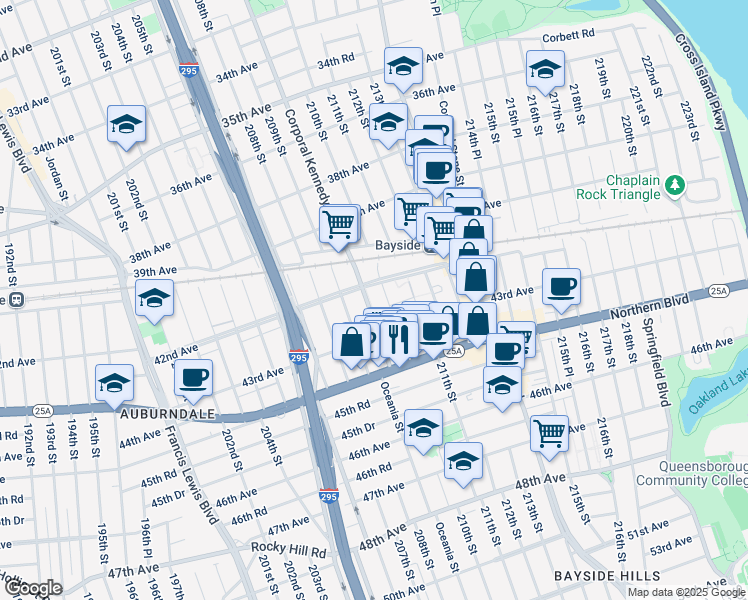 map of restaurants, bars, coffee shops, grocery stores, and more near 42-41 Corporal Kennedy Street in Queens