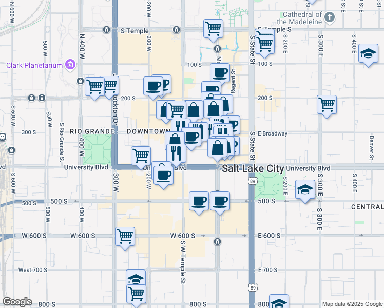 map of restaurants, bars, coffee shops, grocery stores, and more near 351 South West Temple in Salt Lake City