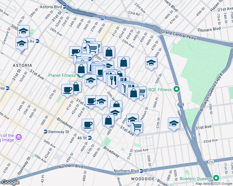 map of restaurants, bars, coffee shops, grocery stores, and more near 30-06 46th Street in Queens