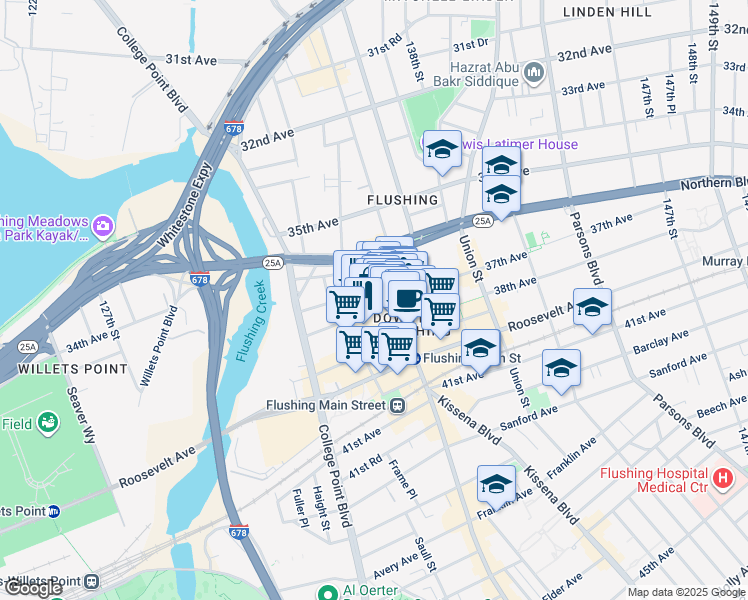 map of restaurants, bars, coffee shops, grocery stores, and more near 135-33 39th Avenue in Queens