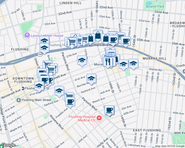 map of restaurants, bars, coffee shops, grocery stores, and more near 147th St & 41st Ave in Queens