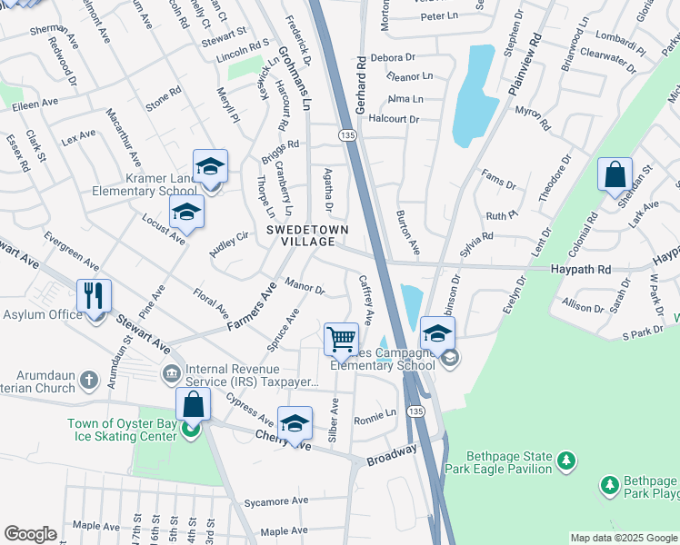 map of restaurants, bars, coffee shops, grocery stores, and more near 9 Robin Court in Bethpage
