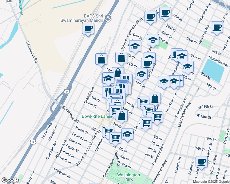 map of restaurants, bars, coffee shops, grocery stores, and more near 1109 John F. Kennedy Boulevard in North Bergen