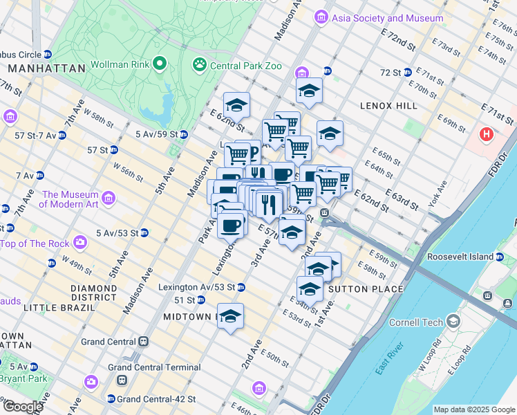 map of restaurants, bars, coffee shops, grocery stores, and more near 150 East 58th Street in New York