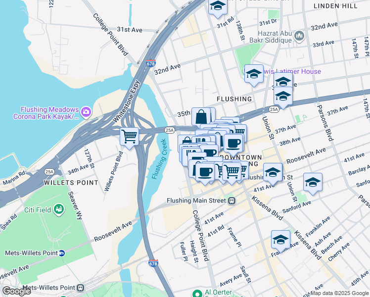 map of restaurants, bars, coffee shops, grocery stores, and more near 133-20 36th Road in Queens