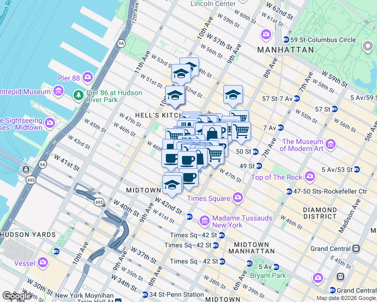 map of restaurants, bars, coffee shops, grocery stores, and more near 343 West 47th Street in New York
