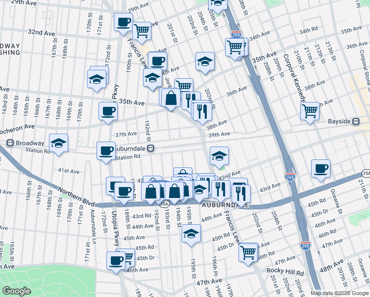 map of restaurants, bars, coffee shops, grocery stores, and more near 195-09 Station Road in Queens
