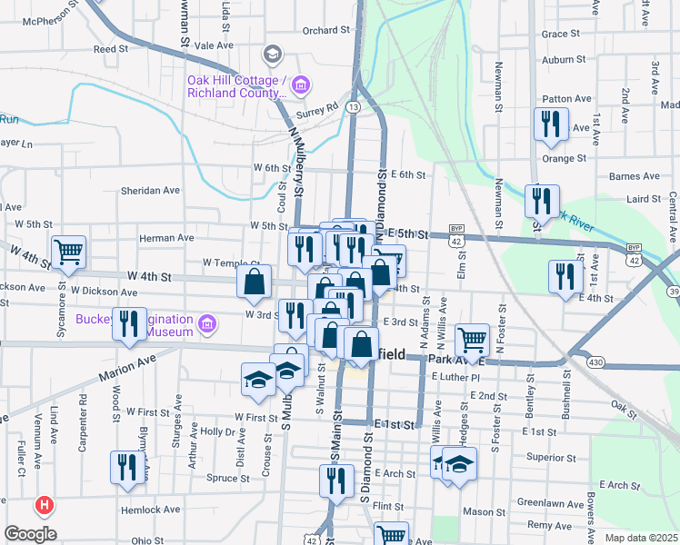 map of restaurants, bars, coffee shops, grocery stores, and more near 29 East 4th Street in Mansfield