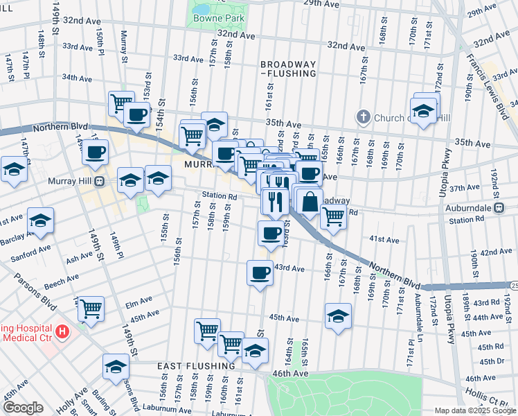 map of restaurants, bars, coffee shops, grocery stores, and more near 12457 Station Road in Queens