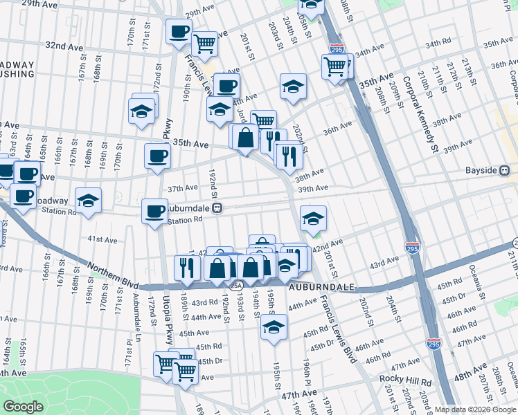 map of restaurants, bars, coffee shops, grocery stores, and more near 194-02 Station Road in Queens