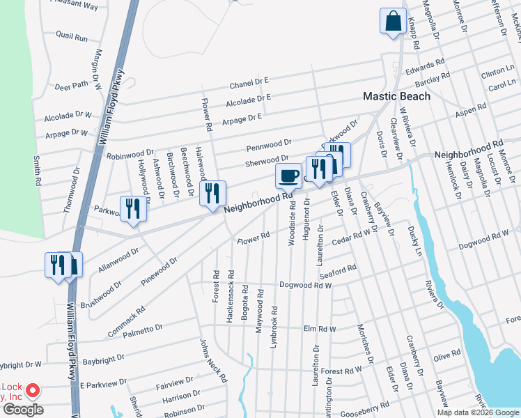 map of restaurants, bars, coffee shops, grocery stores, and more near 201 Commack Road in Mastic Beach