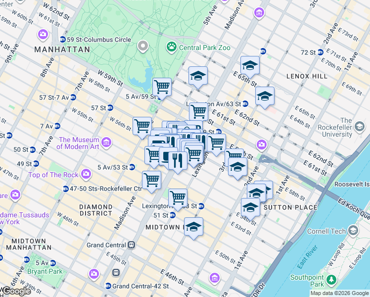 map of restaurants, bars, coffee shops, grocery stores, and more near 100 West 57th Street in New York