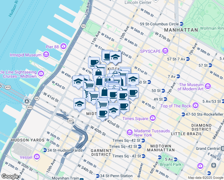 map of restaurants, bars, coffee shops, grocery stores, and more near 415 West 46th Street in New York