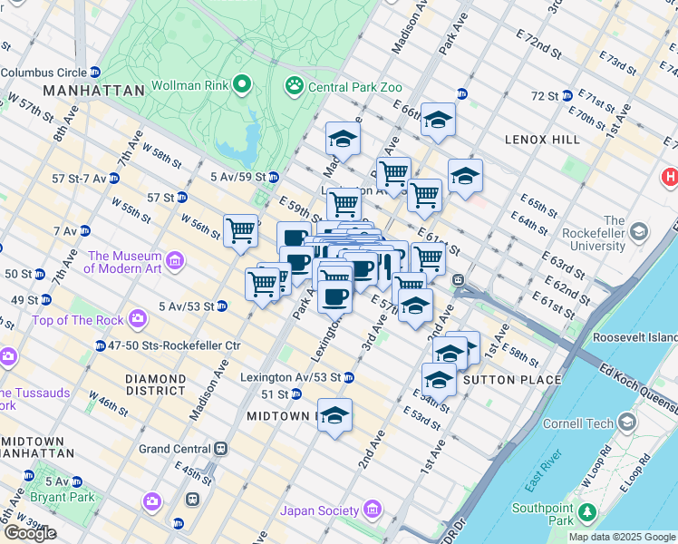 map of restaurants, bars, coffee shops, grocery stores, and more near 445 Park Avenue in New York