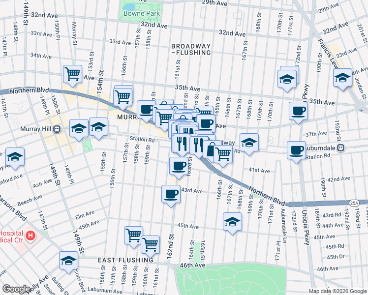 map of restaurants, bars, coffee shops, grocery stores, and more near 40-33 162nd Street in Queens
