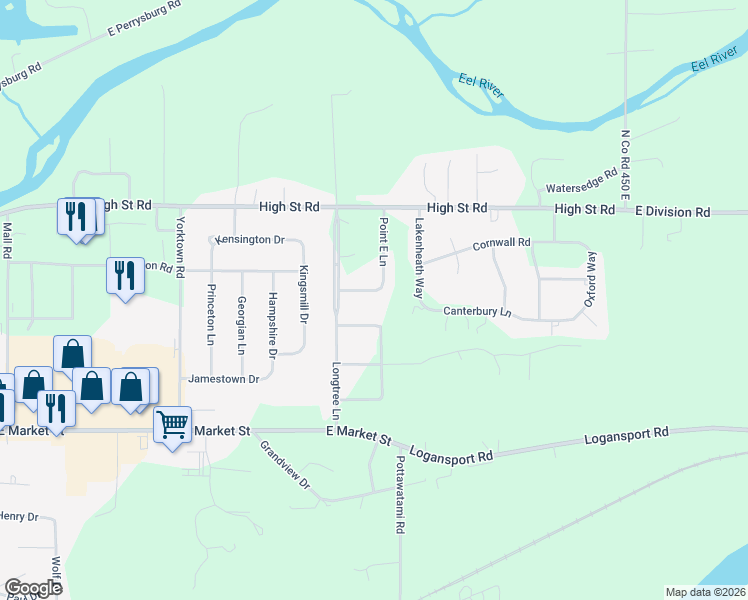 map of restaurants, bars, coffee shops, grocery stores, and more near 224 Point East Lane in Logansport