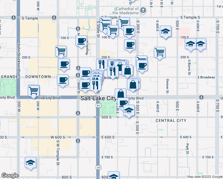 map of restaurants, bars, coffee shops, grocery stores, and more near 350 South 200 East in Salt Lake City