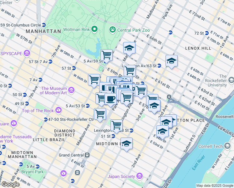 map of restaurants, bars, coffee shops, grocery stores, and more near 450 Park Avenue in New York