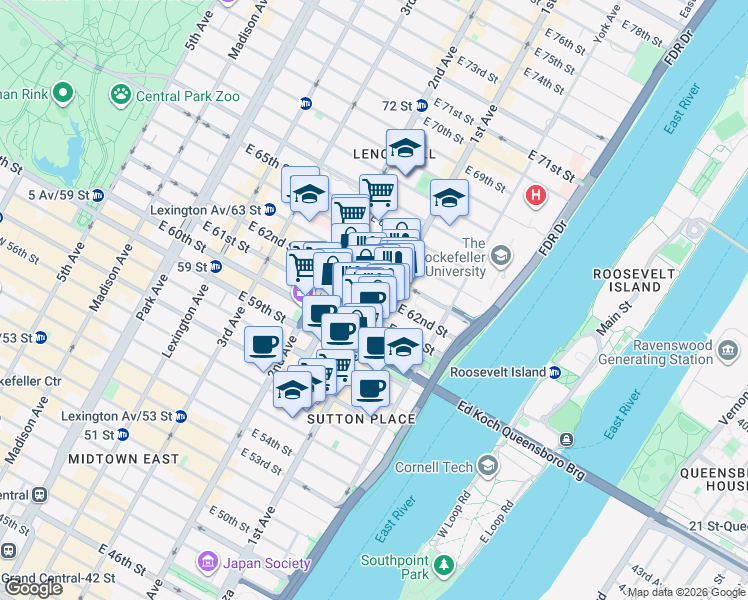 map of restaurants, bars, coffee shops, grocery stores, and more near 350 East 62nd Street in New York