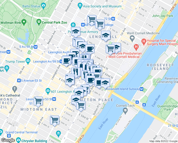 map of restaurants, bars, coffee shops, grocery stores, and more near 306 East 61st Street in New York