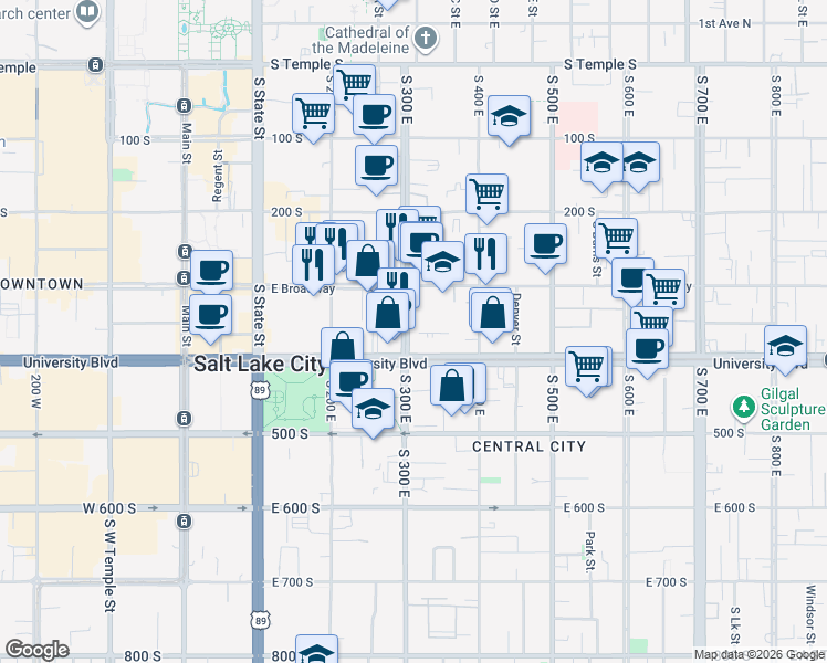 map of restaurants, bars, coffee shops, grocery stores, and more near 309 East 400 South in Salt Lake City