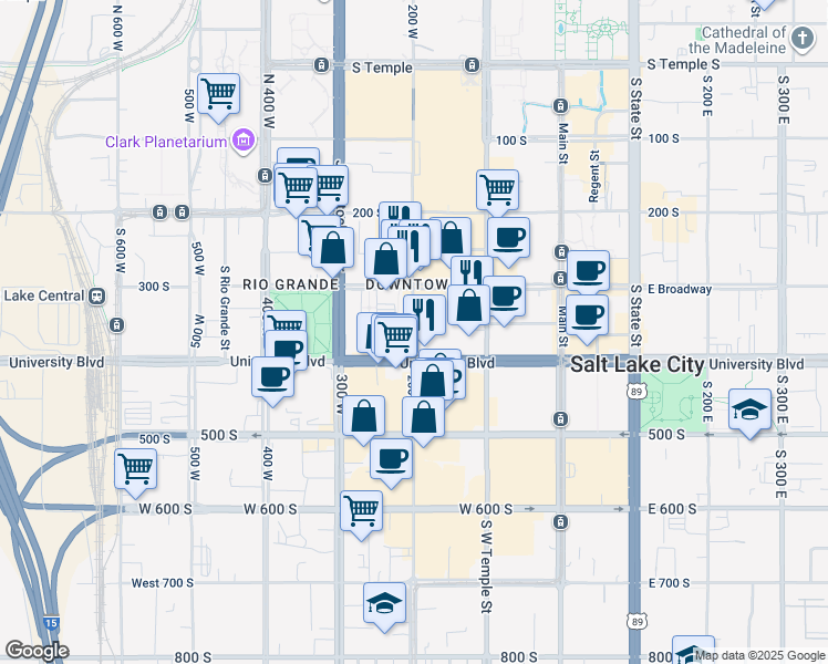 map of restaurants, bars, coffee shops, grocery stores, and more near 202 West 400 South in Salt Lake City