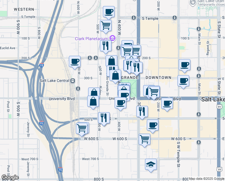 map of restaurants, bars, coffee shops, grocery stores, and more near 400 West 400 South in Salt Lake City