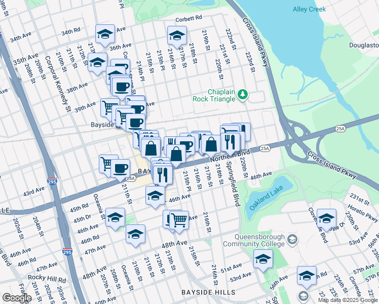 map of restaurants, bars, coffee shops, grocery stores, and more near 216-01 Northern Boulevard in Queens