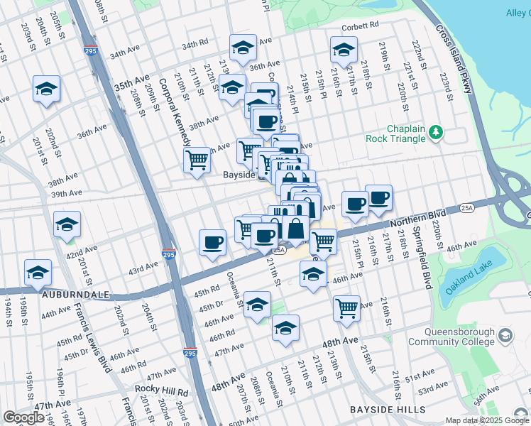 map of restaurants, bars, coffee shops, grocery stores, and more near 212-02 43rd Avenue in Queens