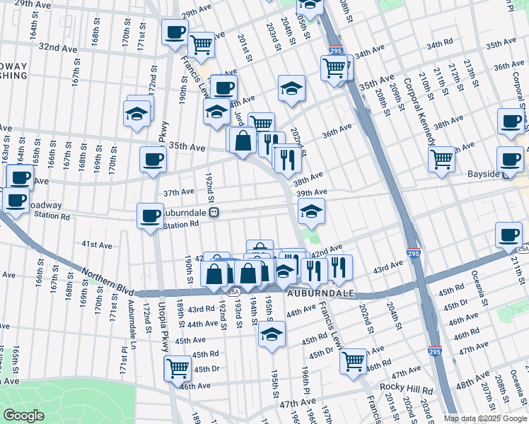 map of restaurants, bars, coffee shops, grocery stores, and more near 40-14 196th Street in Queens