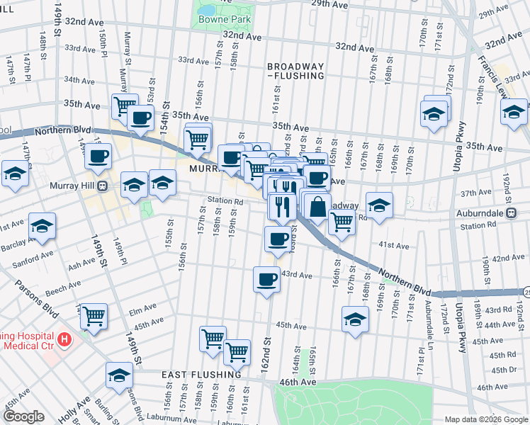 map of restaurants, bars, coffee shops, grocery stores, and more near 12457 Station Road in Queens