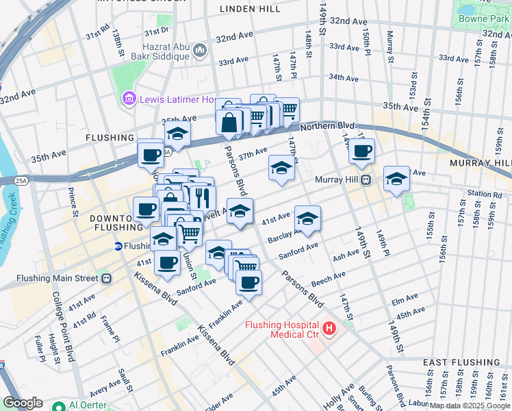 map of restaurants, bars, coffee shops, grocery stores, and more near in Queens