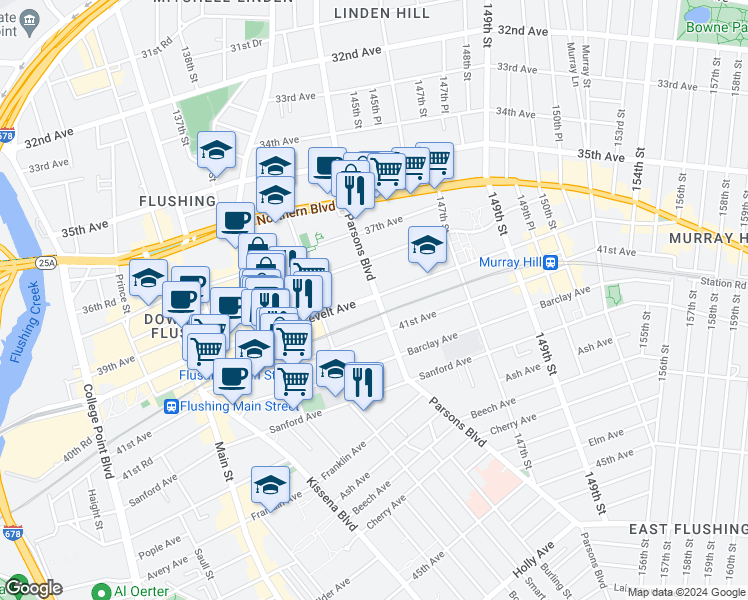 map of restaurants, bars, coffee shops, grocery stores, and more near 143-40 Roosevelt Avenue in Queens