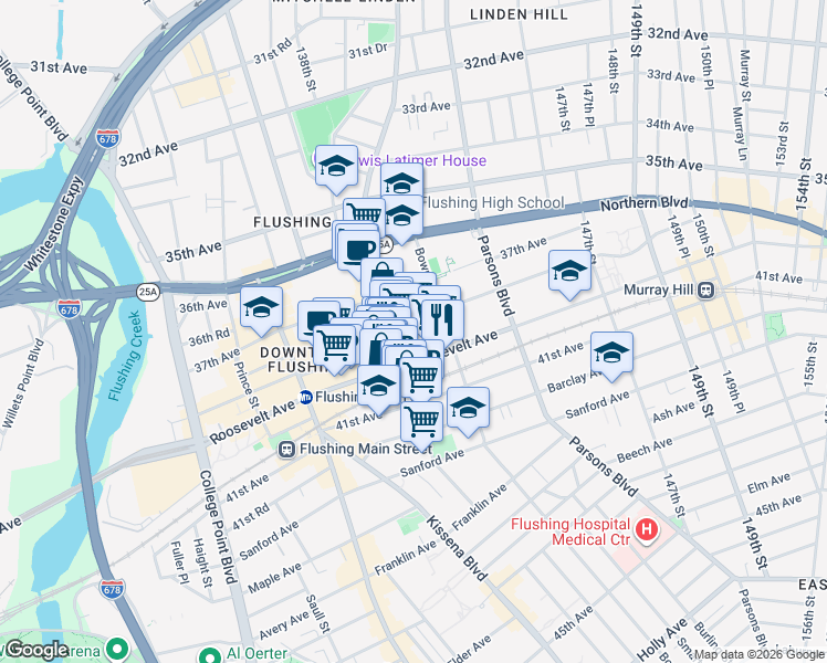 map of restaurants, bars, coffee shops, grocery stores, and more near 142-05 Roosevelt Avenue in Queens