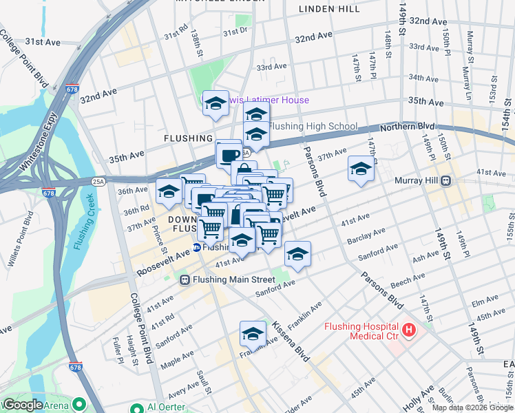 map of restaurants, bars, coffee shops, grocery stores, and more near in Queens