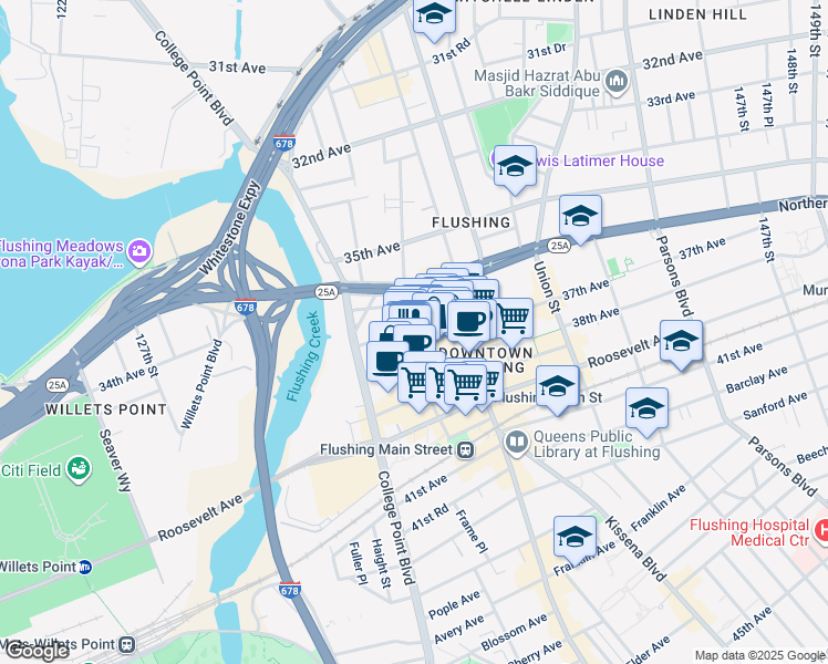 map of restaurants, bars, coffee shops, grocery stores, and more near 135-15 37th Avenue in Queens