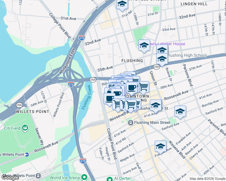 map of restaurants, bars, coffee shops, grocery stores, and more near 135-15 37th Avenue in Queens