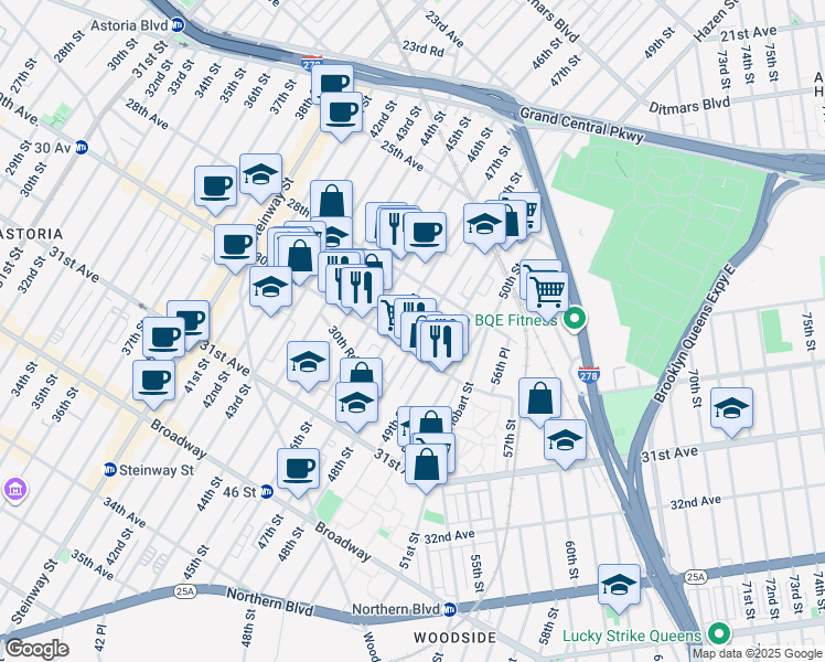 map of restaurants, bars, coffee shops, grocery stores, and more near 48-11 30th Avenue in Queens