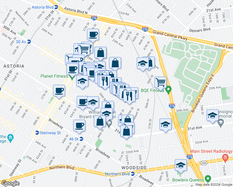 map of restaurants, bars, coffee shops, grocery stores, and more near in Queens