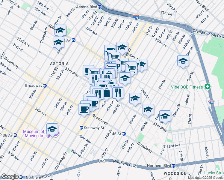 map of restaurants, bars, coffee shops, grocery stores, and more near 30-92 42nd Street in Queens