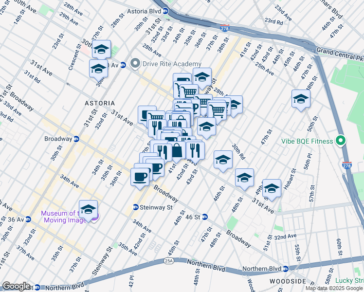 map of restaurants, bars, coffee shops, grocery stores, and more near 30-92 42nd Street in Queens