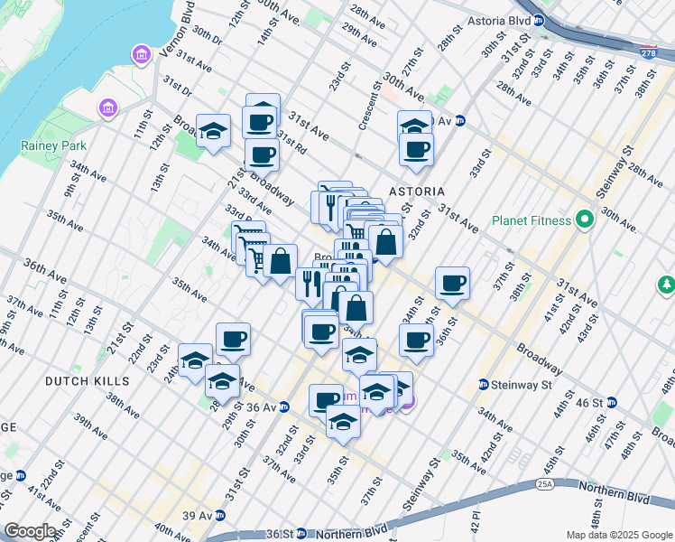 map of restaurants, bars, coffee shops, grocery stores, and more near 32-58 30th Street in Queens