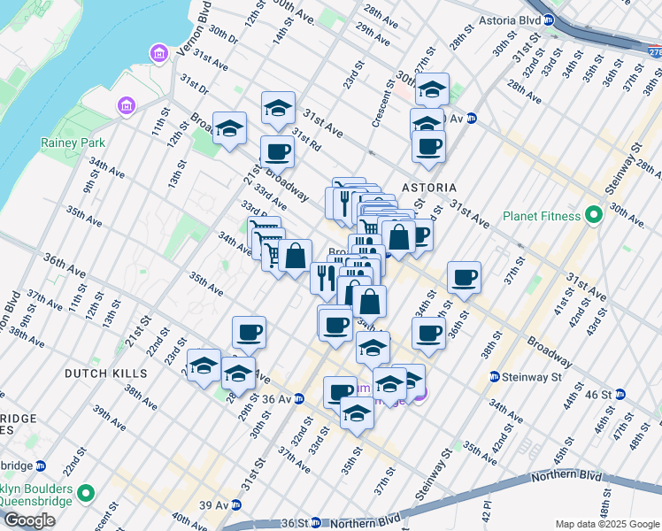 map of restaurants, bars, coffee shops, grocery stores, and more near 32-58 30th Street in Queens