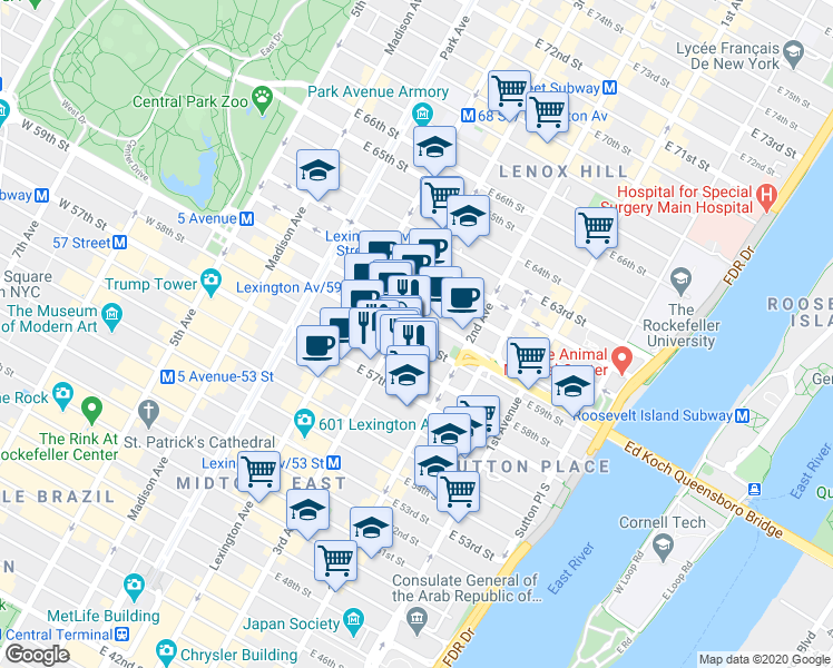 map of restaurants, bars, coffee shops, grocery stores, and more near 969 3rd Avenue in New York