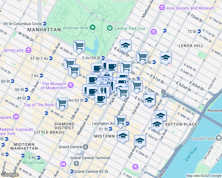 map of restaurants, bars, coffee shops, grocery stores, and more near 57 East 55th Street in New York