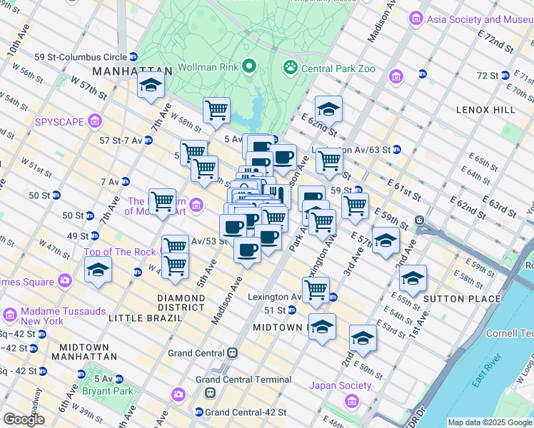map of restaurants, bars, coffee shops, grocery stores, and more near 16 East 54th Street in New York