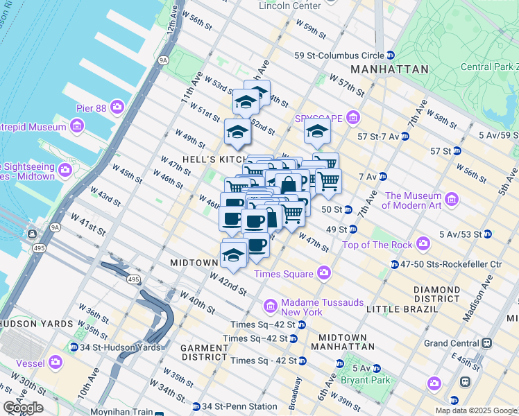 map of restaurants, bars, coffee shops, grocery stores, and more near 343 West 47th Street in New York