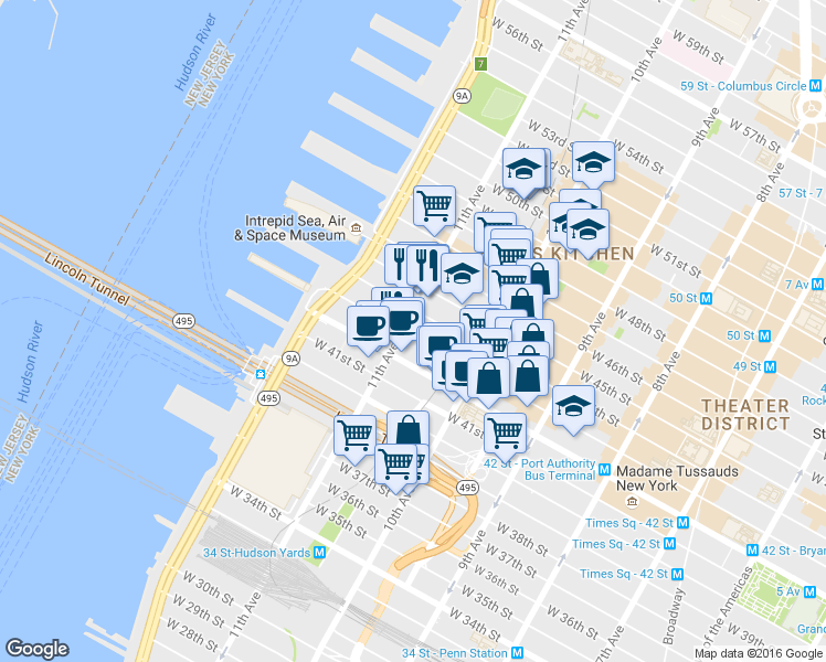 map of restaurants, bars, coffee shops, grocery stores, and more near 605 West 42nd Street in New York